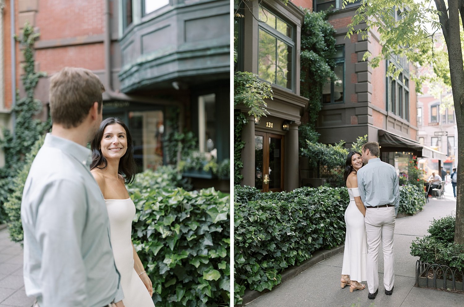 engaged couple walks down sidewalk and kisses on the Upper East Side in New York City