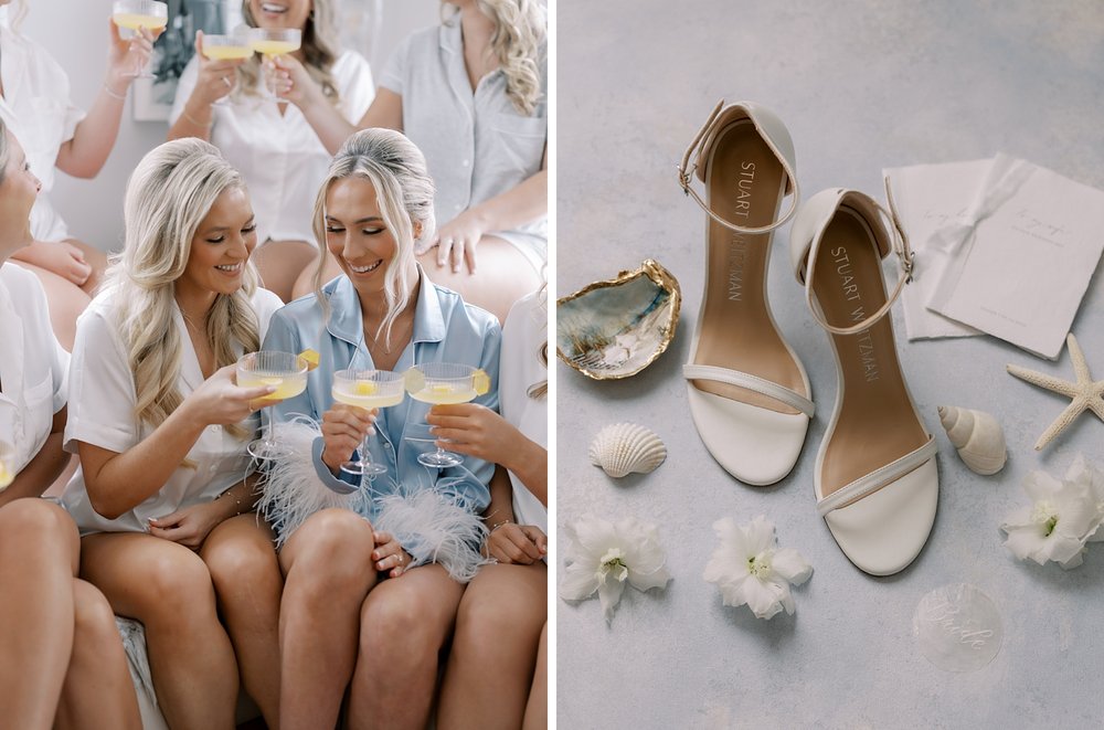 bridesmaids toast mimosas with bride during prep at the Rockaway Hotel