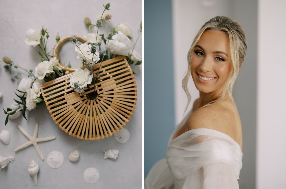 blonde bride smiles over her shoulder in wedding gown with gauze on the shoulder