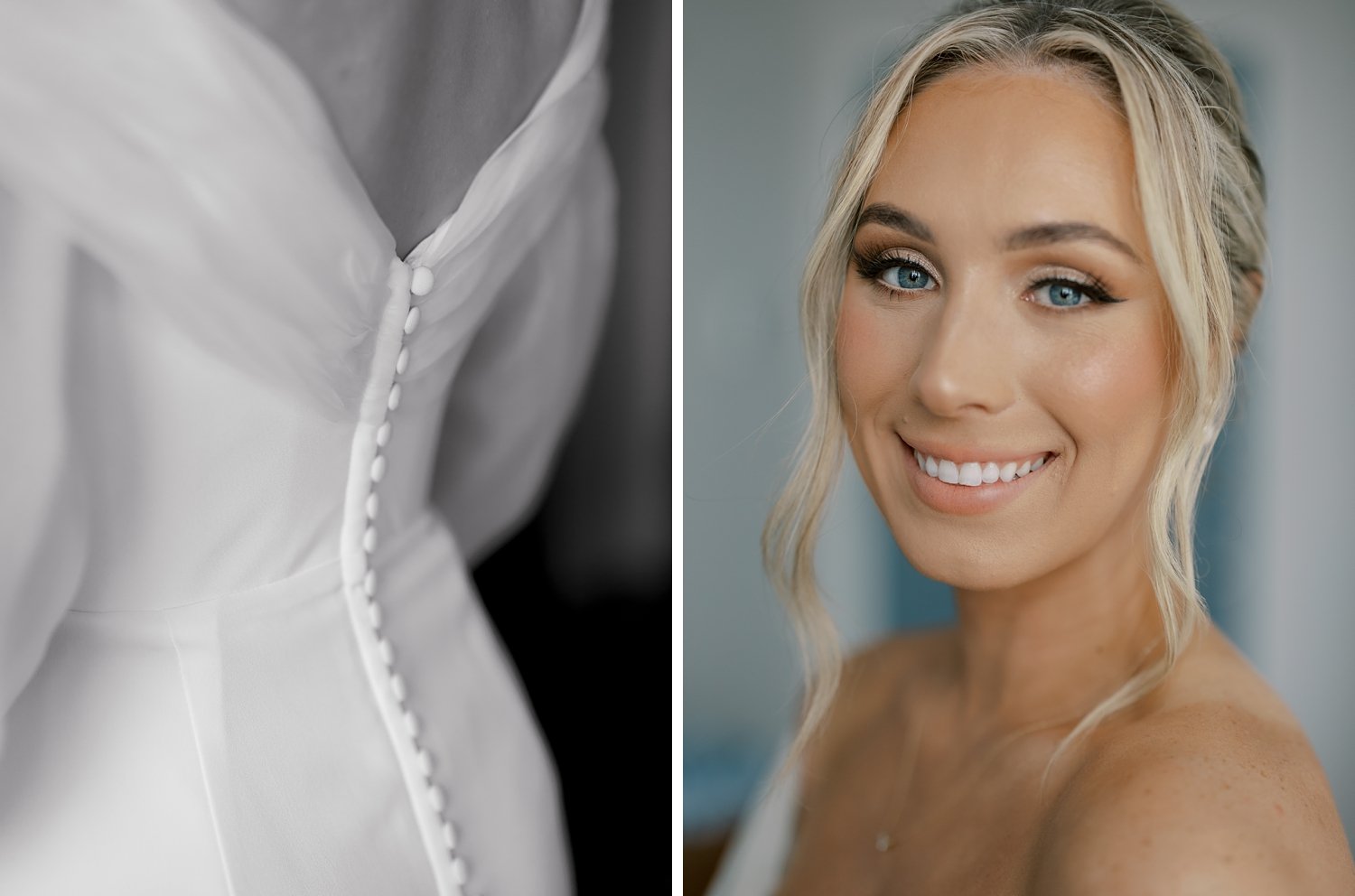 blonde bride smiles and shows off back off wedding gown with buttons 