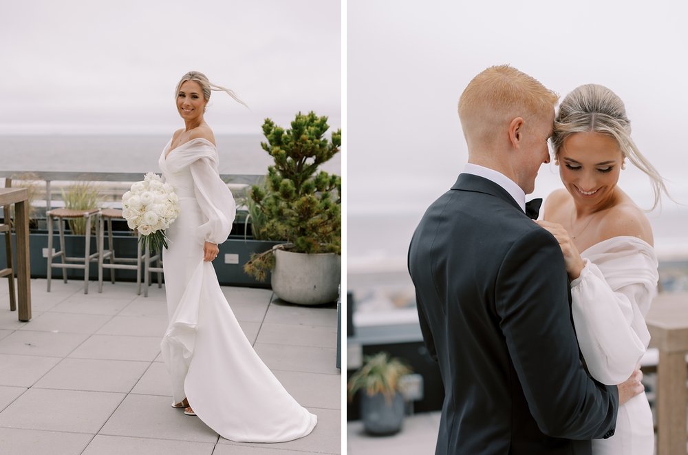 bride stands on the patio at the Rockaway Hotel with bangs blowing in the wind