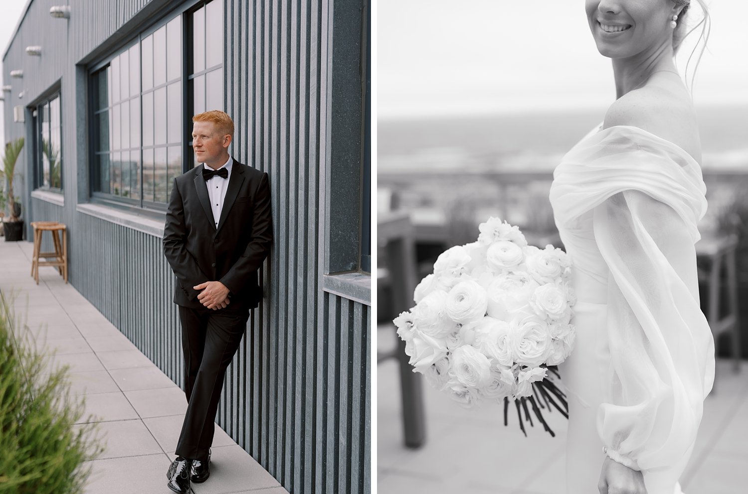 bride and groom pose on the patio at the Rockaway Hotel