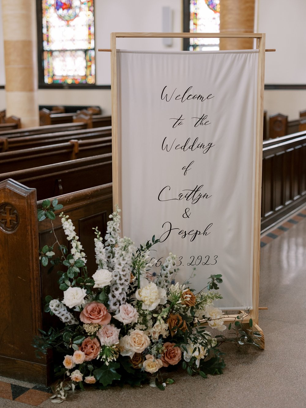 black and white welcome sign for traditional church wedding on Long Island