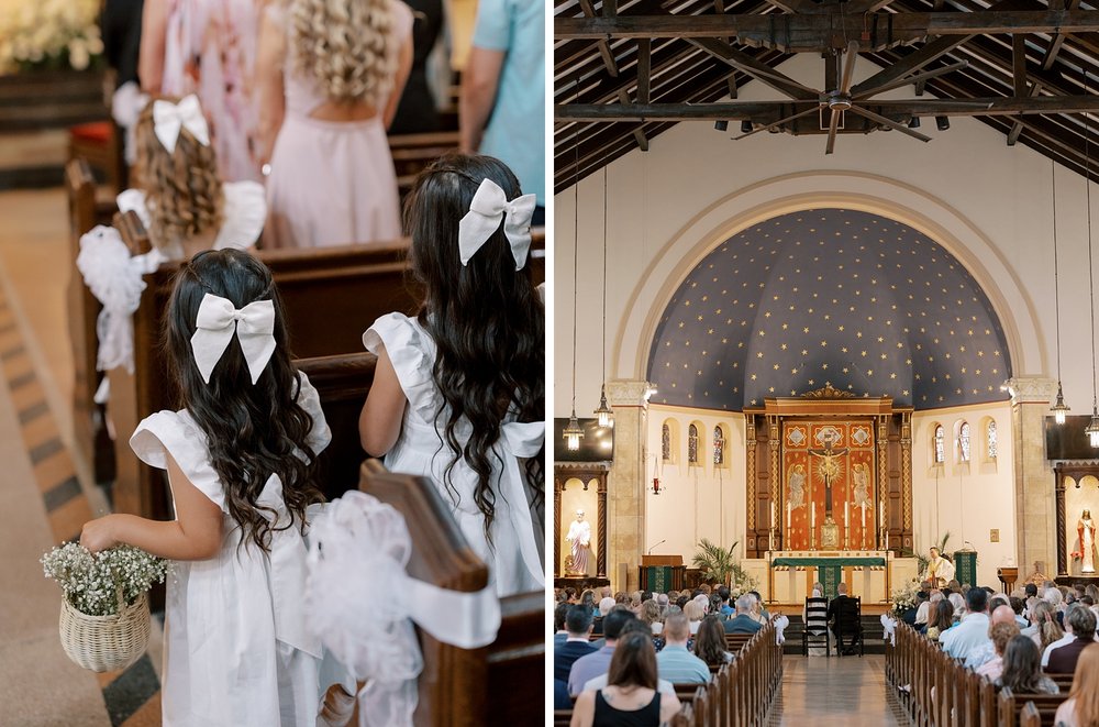 flower girls in white bows and dresses watch ceremony in church 