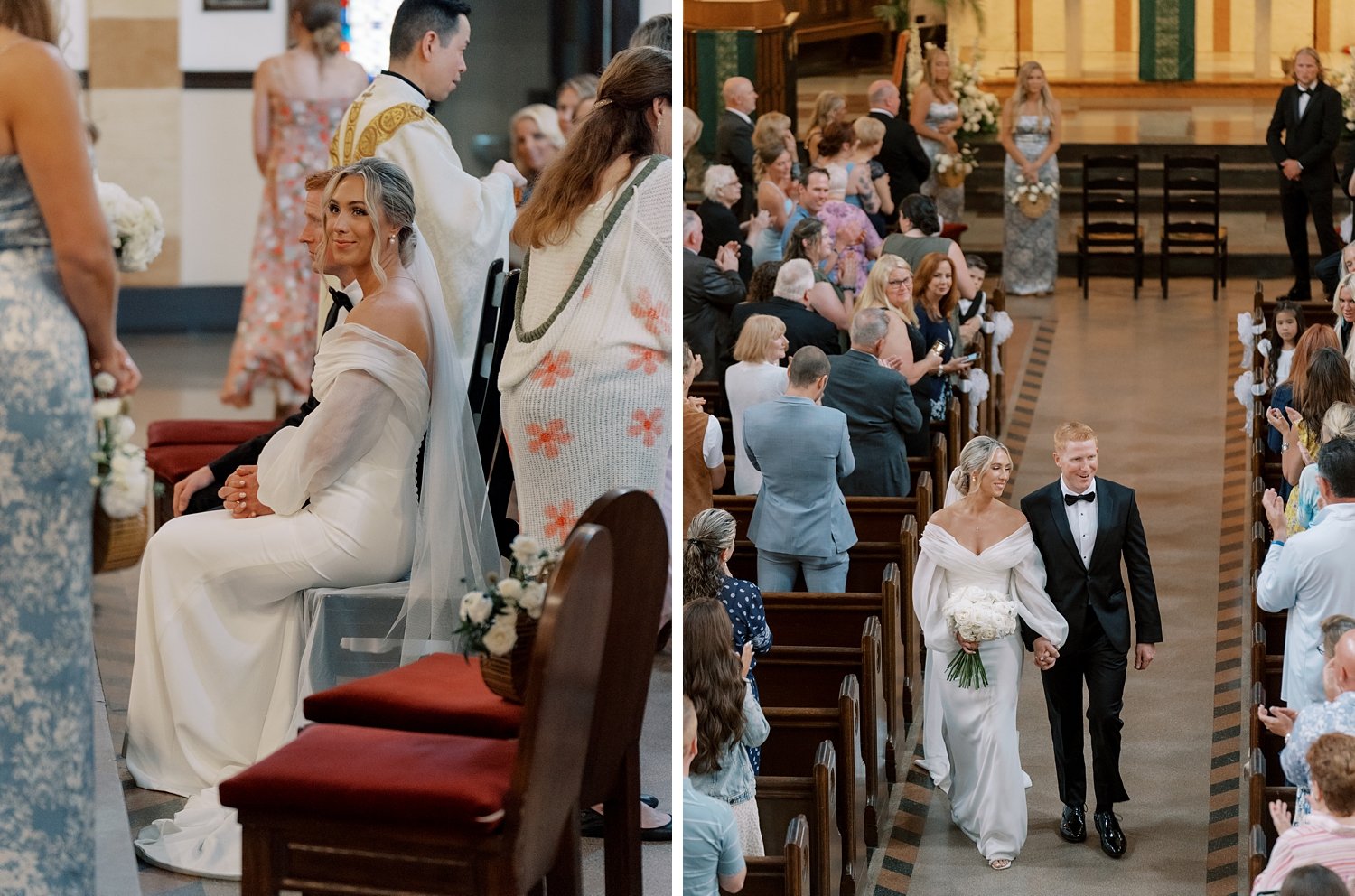 bride and groom walk down aisle after traditional church wedding on Long Island