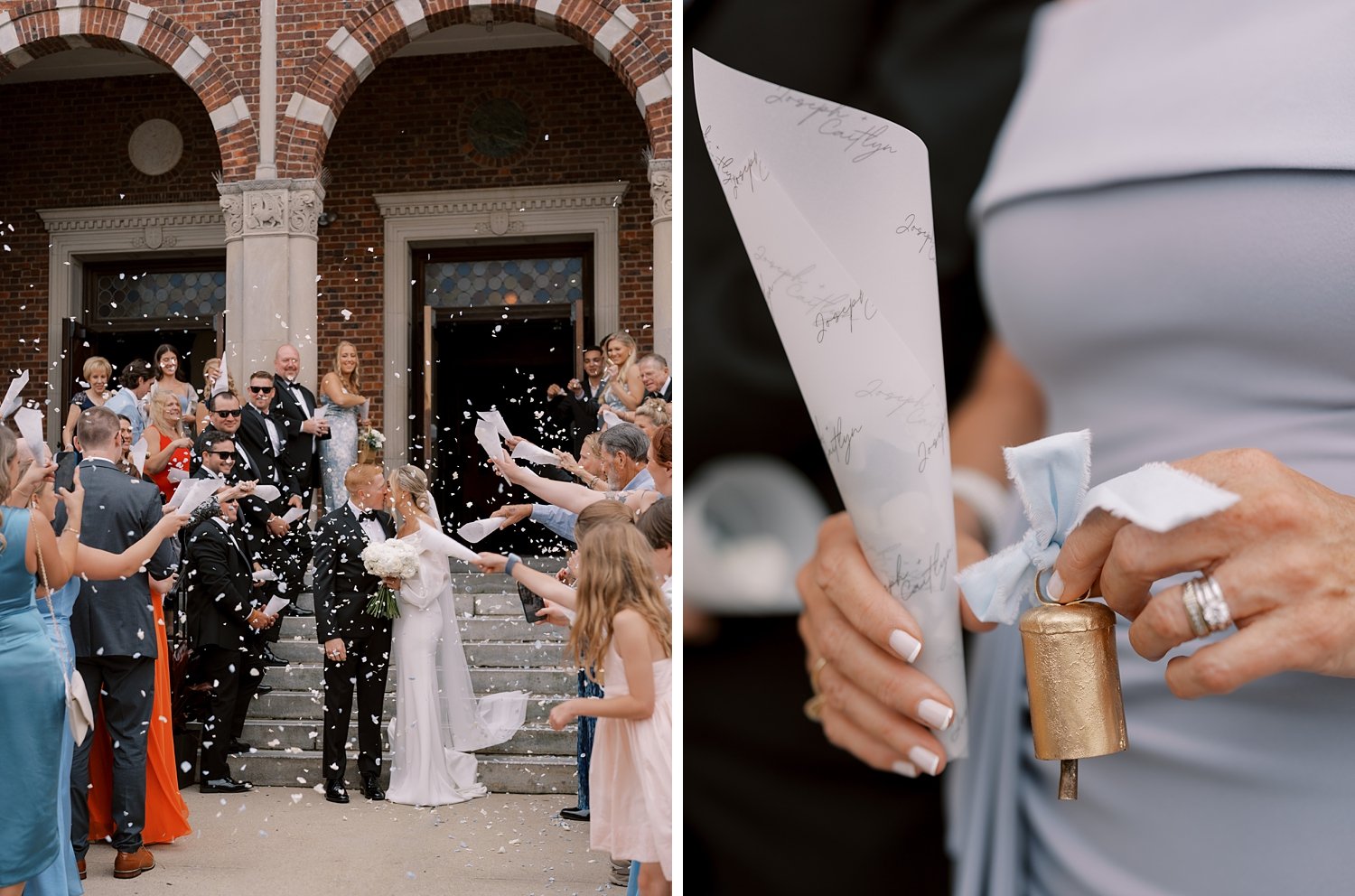 bride and groom lean to kiss outside Long Island NY church while guest holds bell
