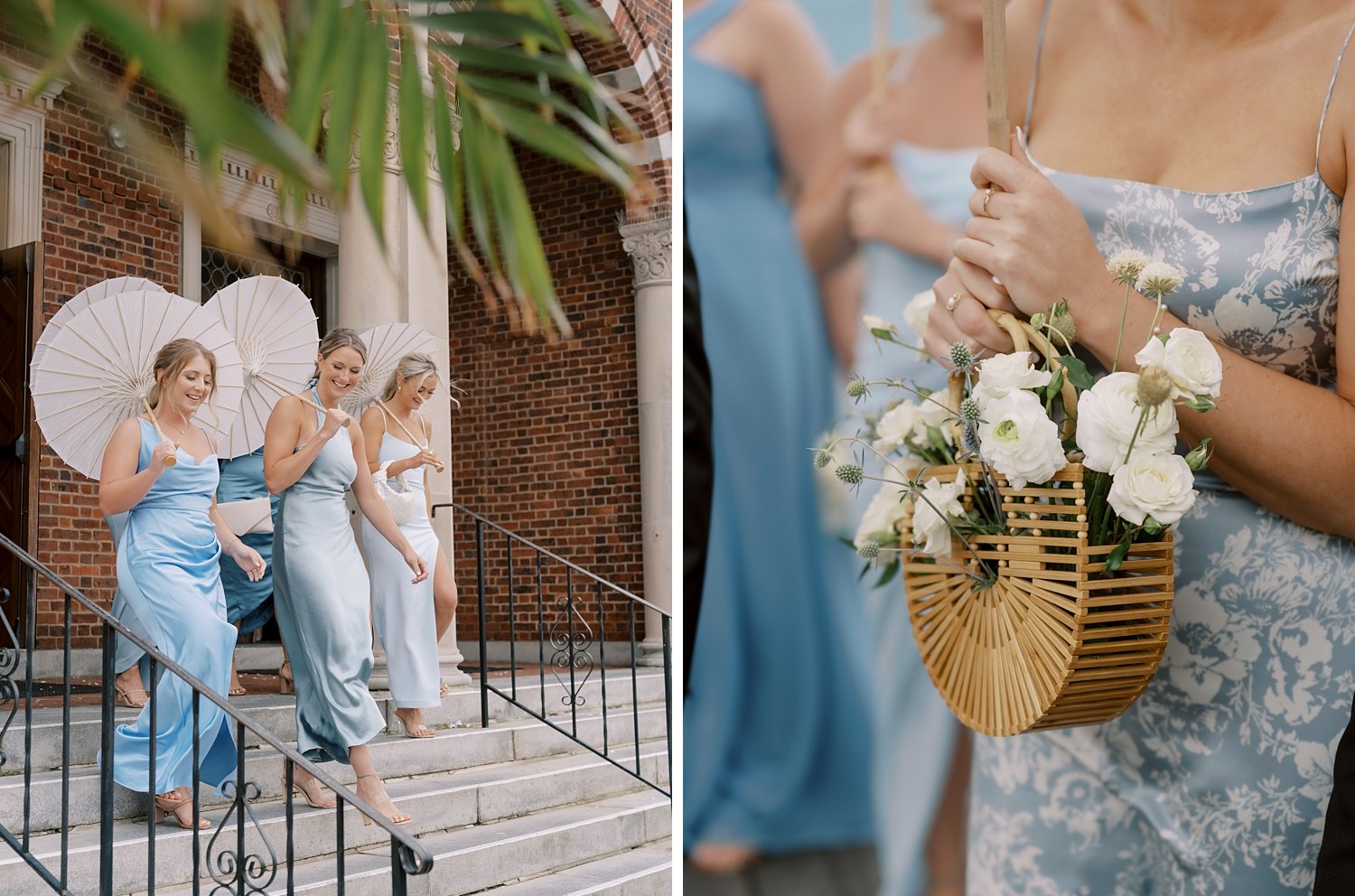 bridesmaids in light blue and white gowns walk down steps outside Long Island NY church with white parasols 