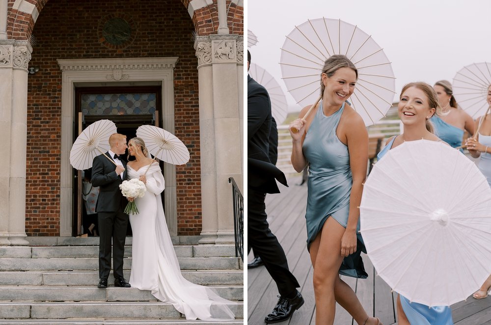 bride and groom kiss on steps outside Long Island NY church under white parasols 
