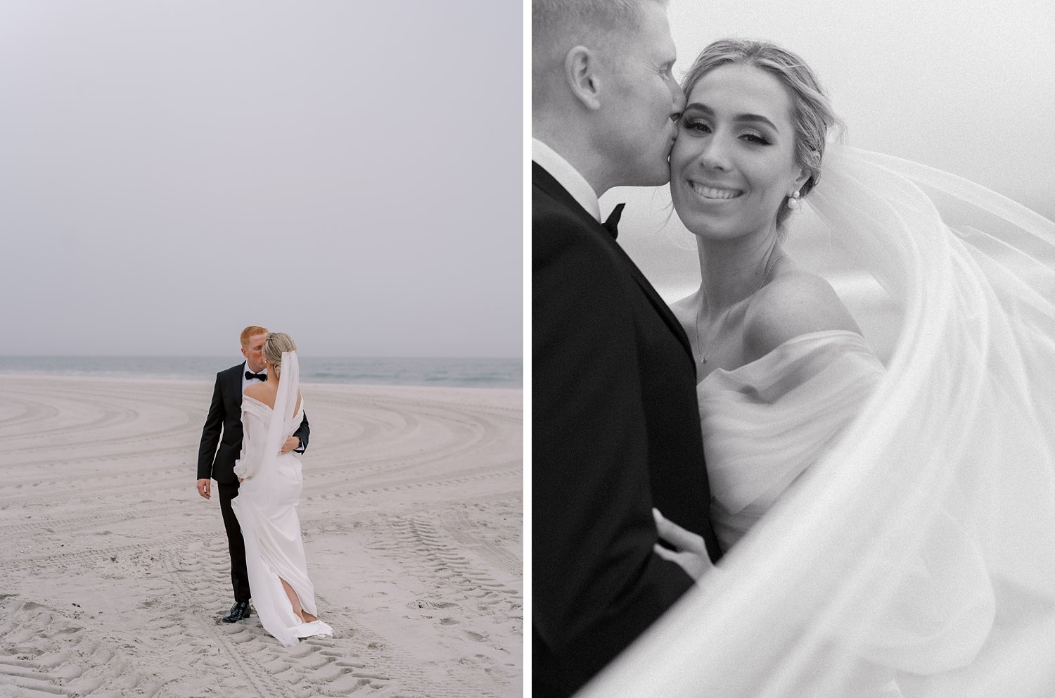groom kisses bride's cheek with veil around them standing on Long Island beach