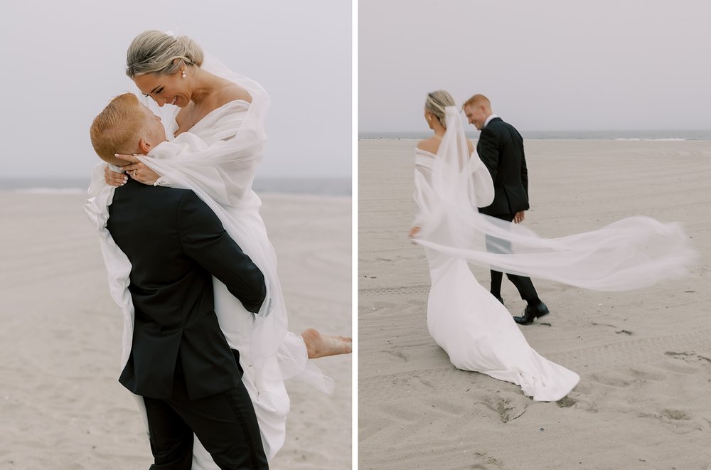 groom lifts up bride hugging her with veil floating behind her on Long Island beach
