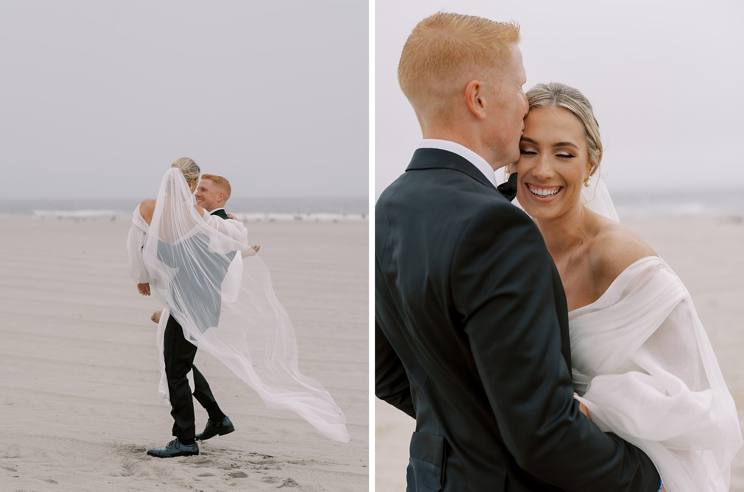 groom picks up bride carrying her on beach during portraits