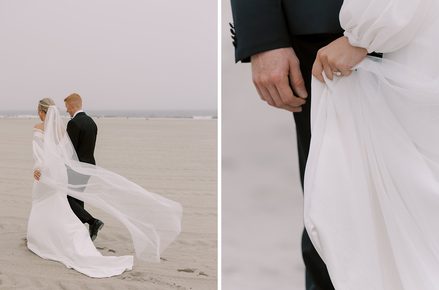 bride and groom walk on Long Island beach with veil floating in wind