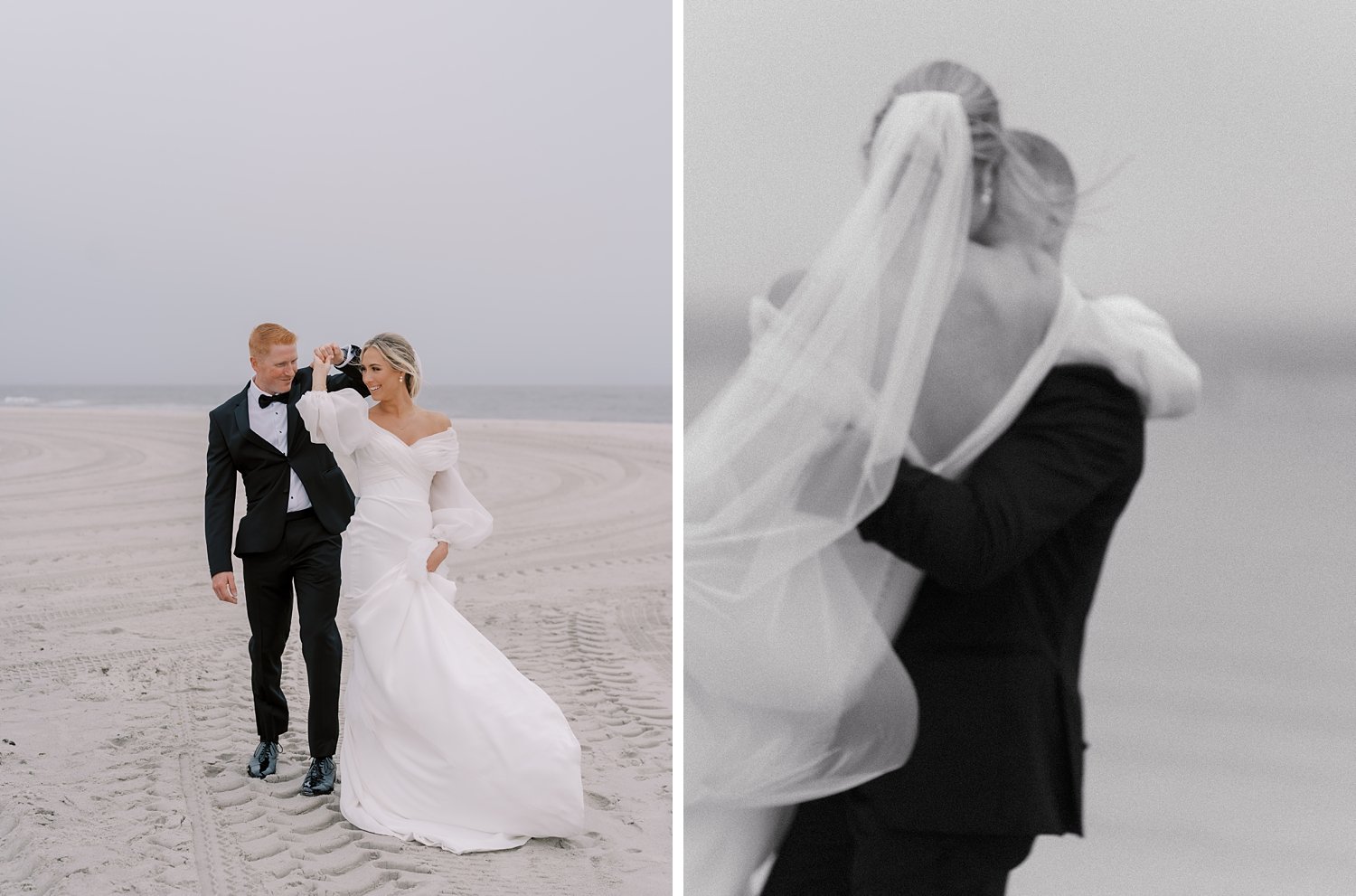 bride and groom bump hips walking on Long Island beach