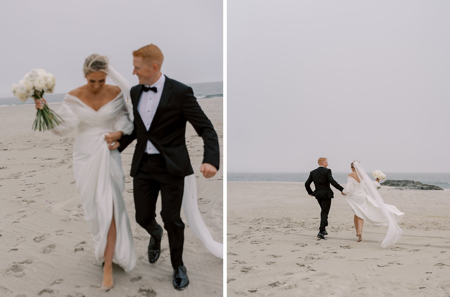 newlyweds hold hands running and bumping hips on Long Island beach