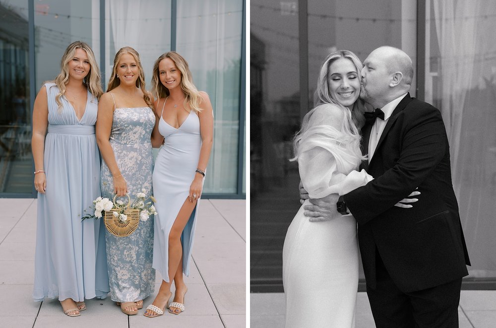 bride poses with bridesmaids in light blue gowns and bride's dad kisses her cheek
