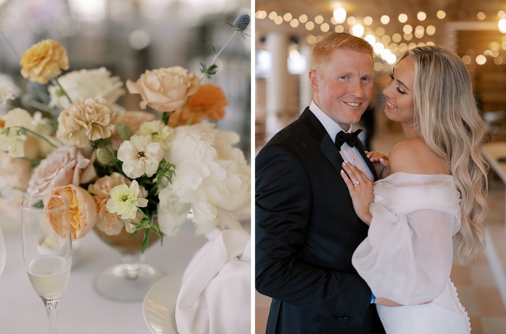 bride and groom hug inside the Rockaway Hotel with pastel flower reception centerpieces 