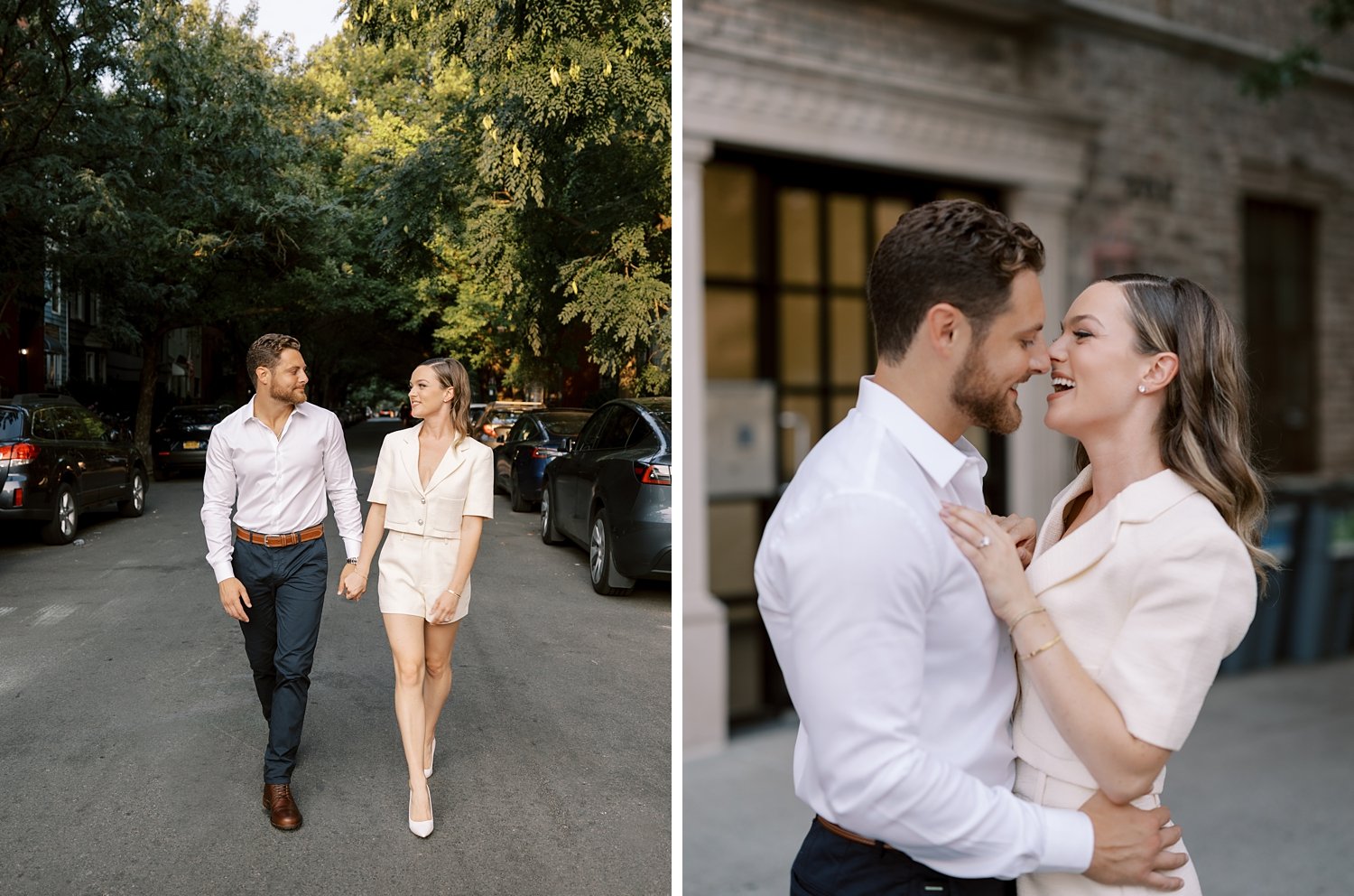 engaged couple holds hands walking through Brooklyn neighborhood