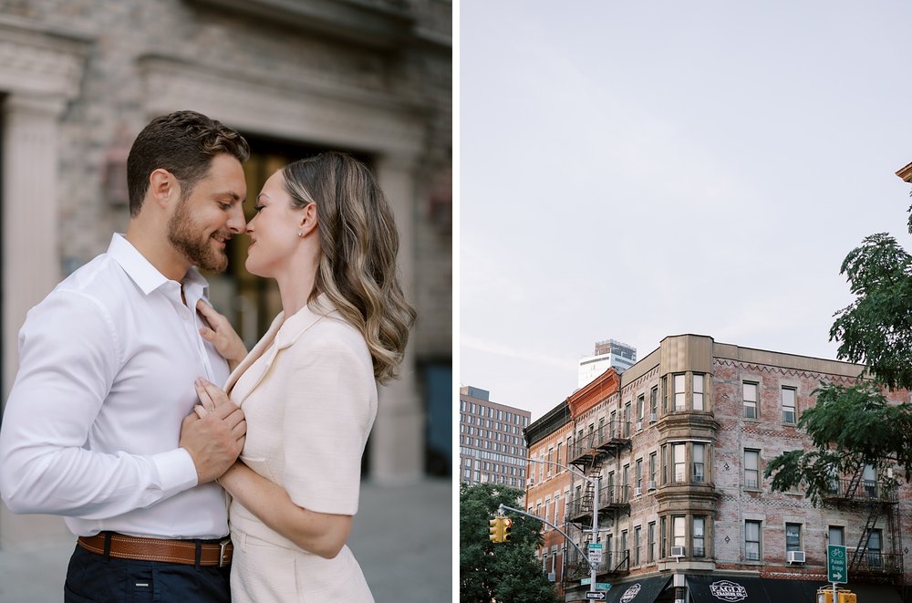 engaged couple hugs leaning noses together near Brooklyn brownstone