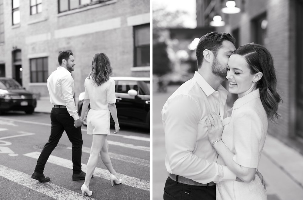 engaged couple holds hands walking across crosswalk in Brooklyn NY