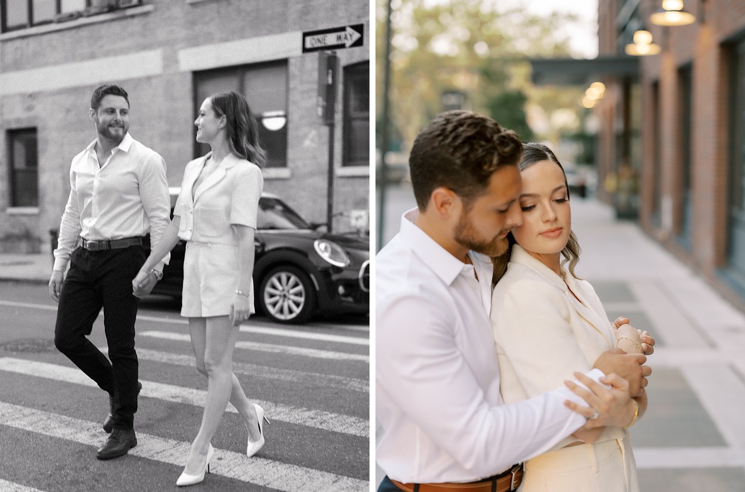 couple holds hands walking across crosswalk and hugs on sidewalk in Brooklyn NY
