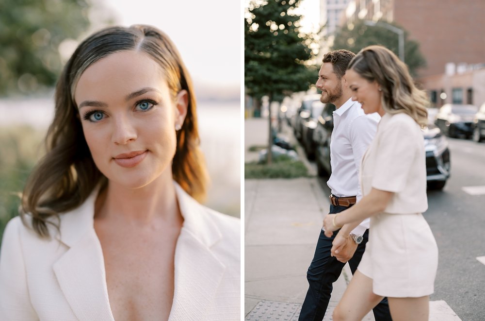 woman poses in ivory suit from Revolve during engagement portraits in NYC