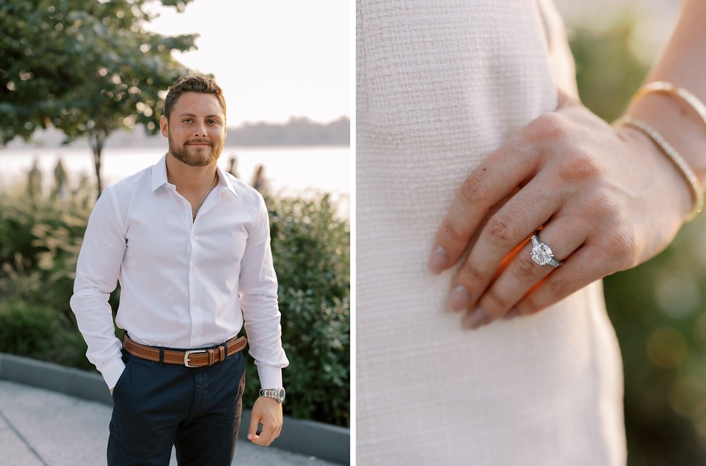 man poses in white button down shirt and woman stands with hand on hip showing off engagement ring in NYC
