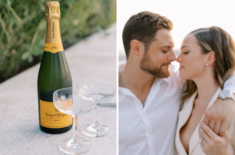 engaged couple leans together touching noses with champagne bottle