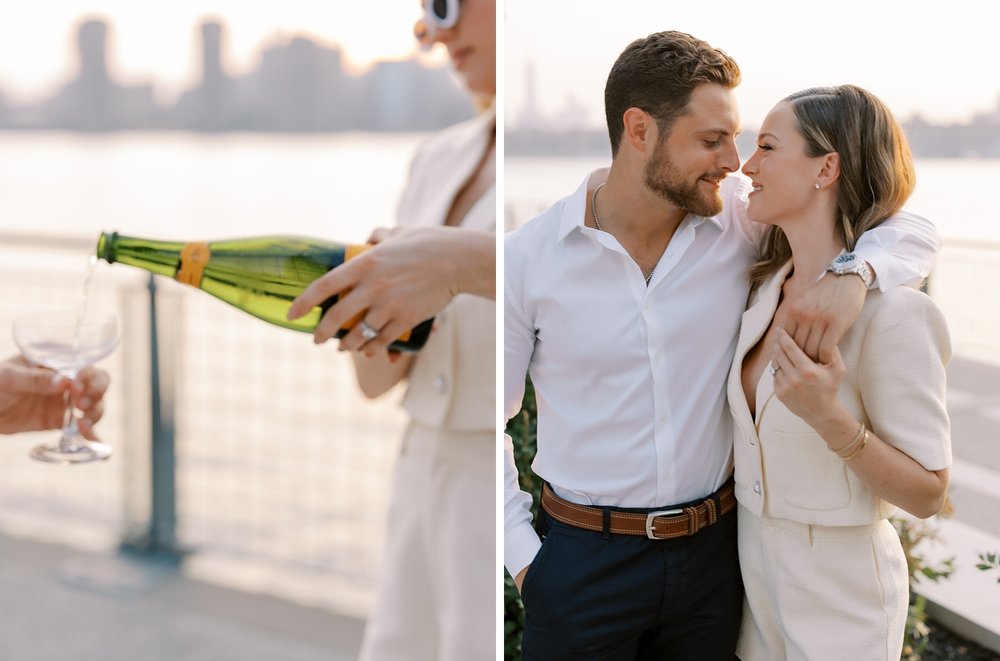woman pours glass of champagne for couple in Greenpoint Waterfront Park