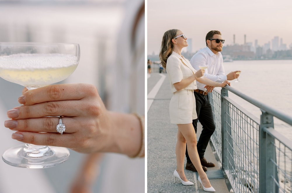 bride holds glass of champagne showing off engagement ring