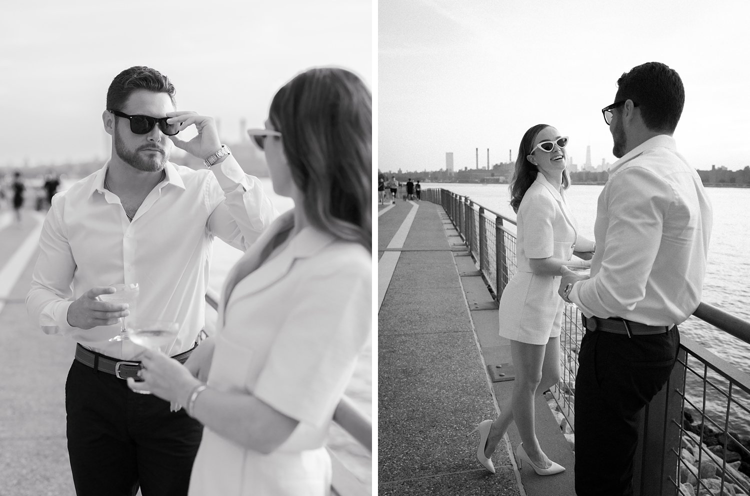 engaged couple laughs drinking champagne in Greenpoint Waterfront Park
