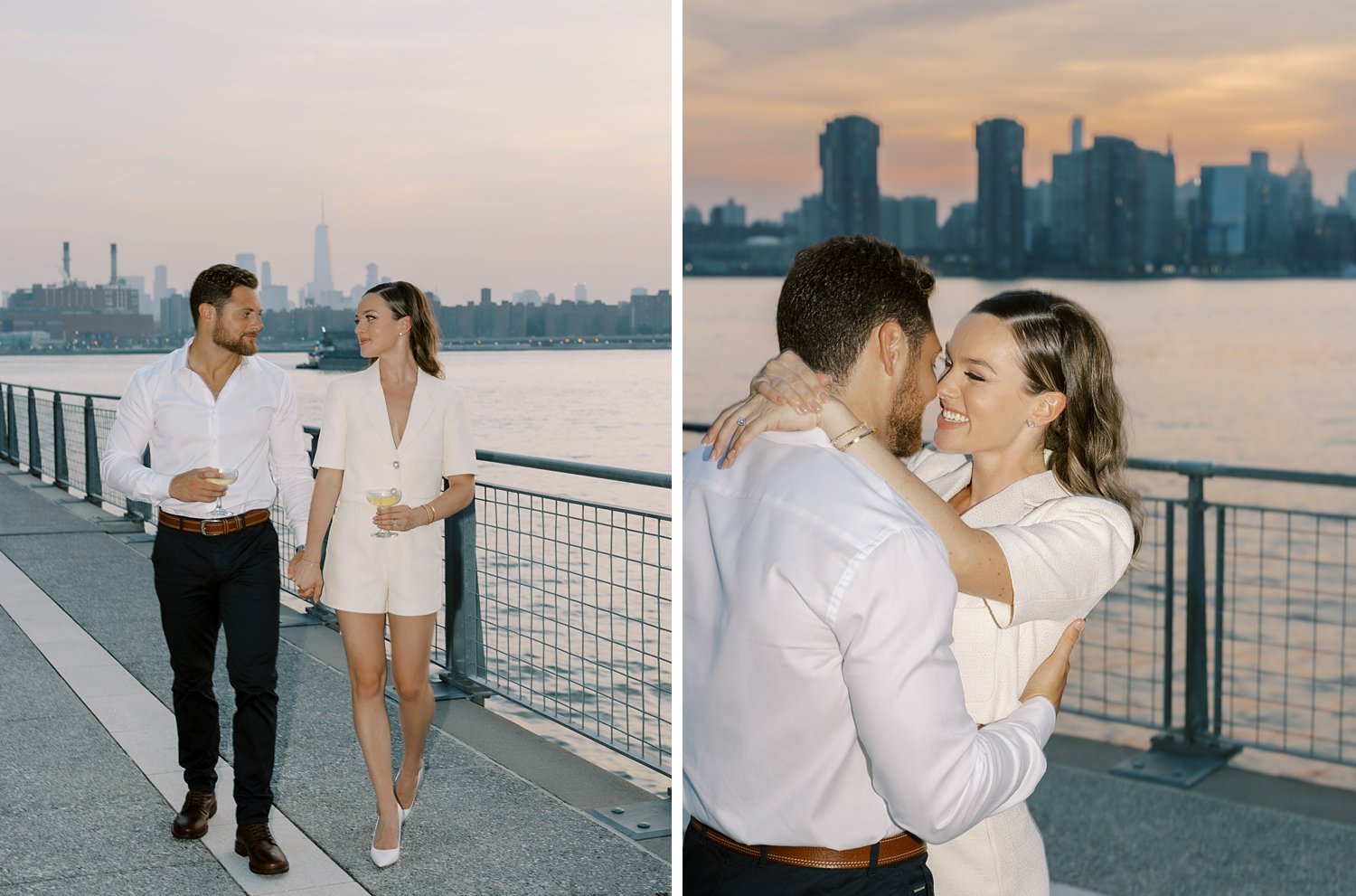 engaged couple hugs at sunset in Greenpoint Waterfront Park