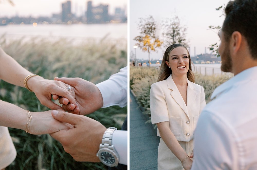 engaged couple holds hands during sunset NYC engagement session 