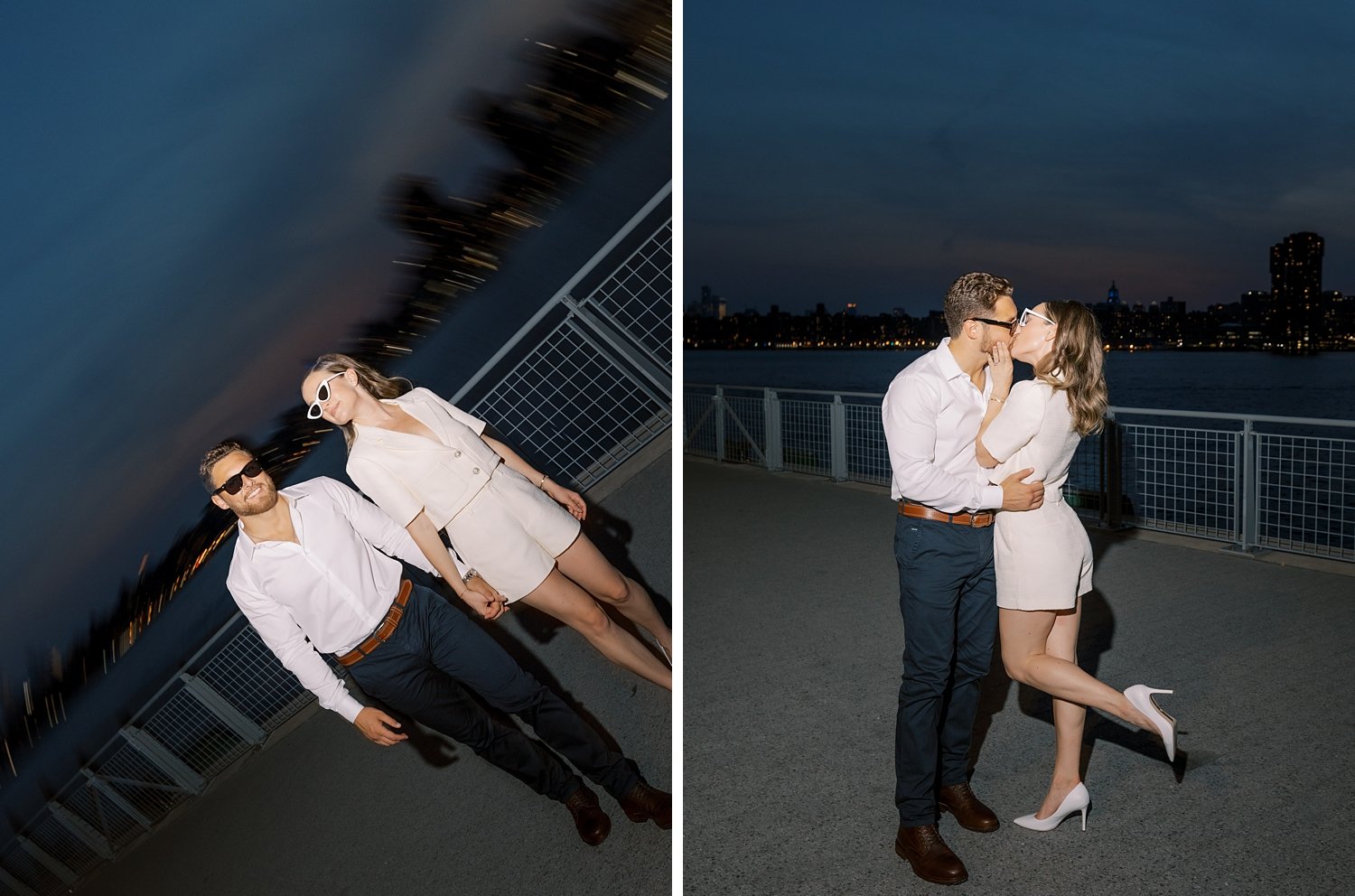 couple kisses at night in Greenpoint Waterfront Park
