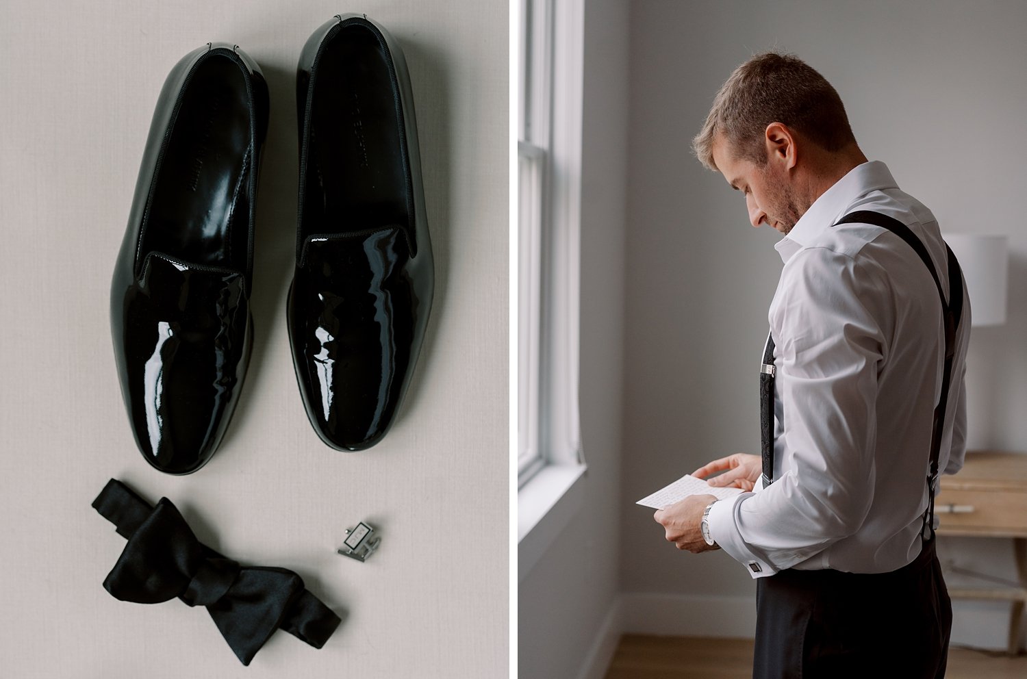 groom looks down at letter in his hands during prep for CT wedding at The Country Club of New Canaan