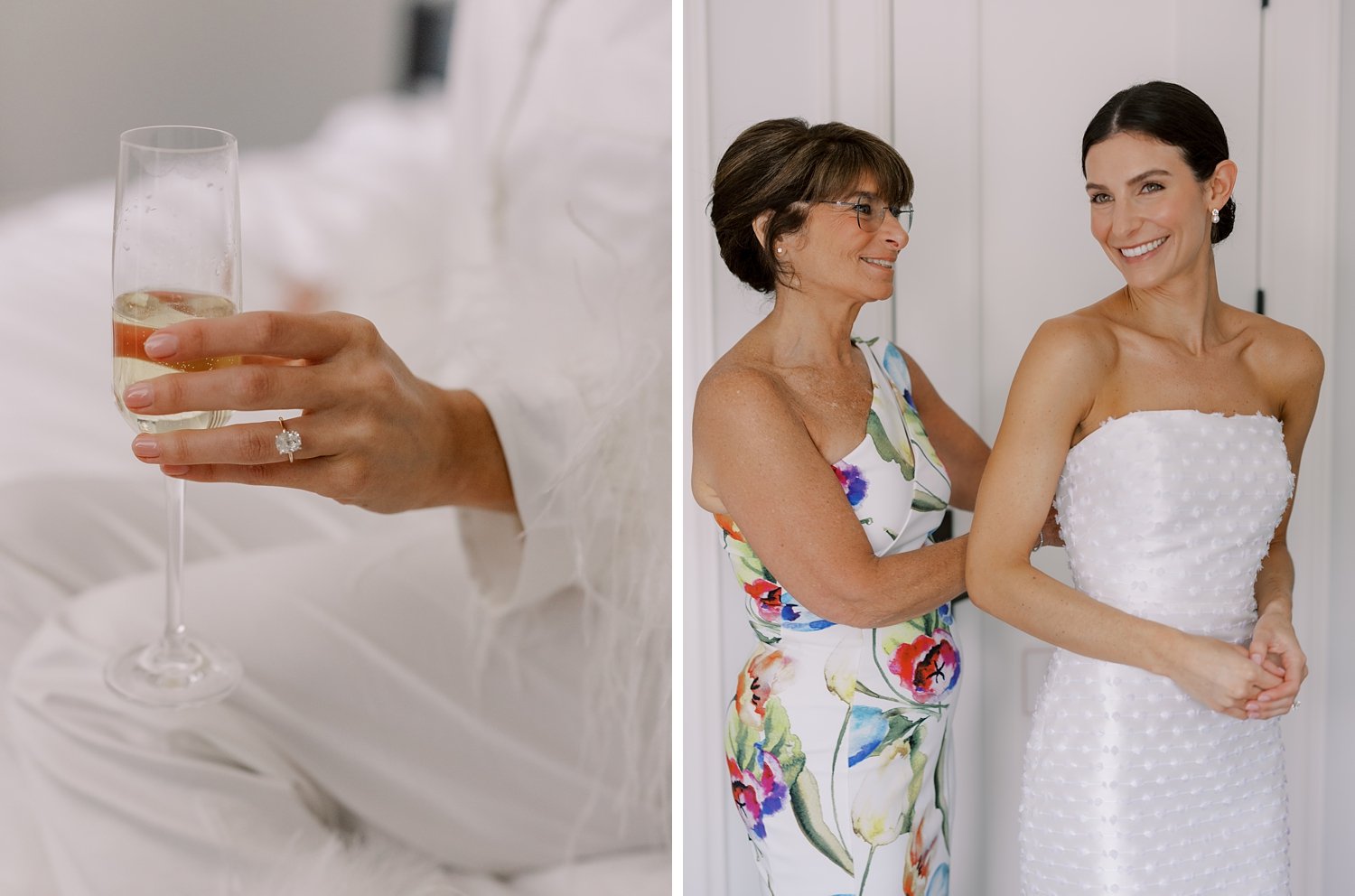 mother helps bride into textured wedding dress before CT wedding 