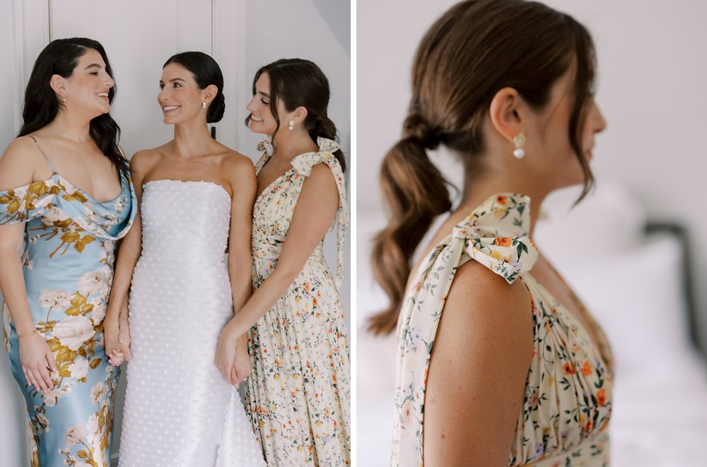 bridesmaid in floral gown shows off bow on shoulders 