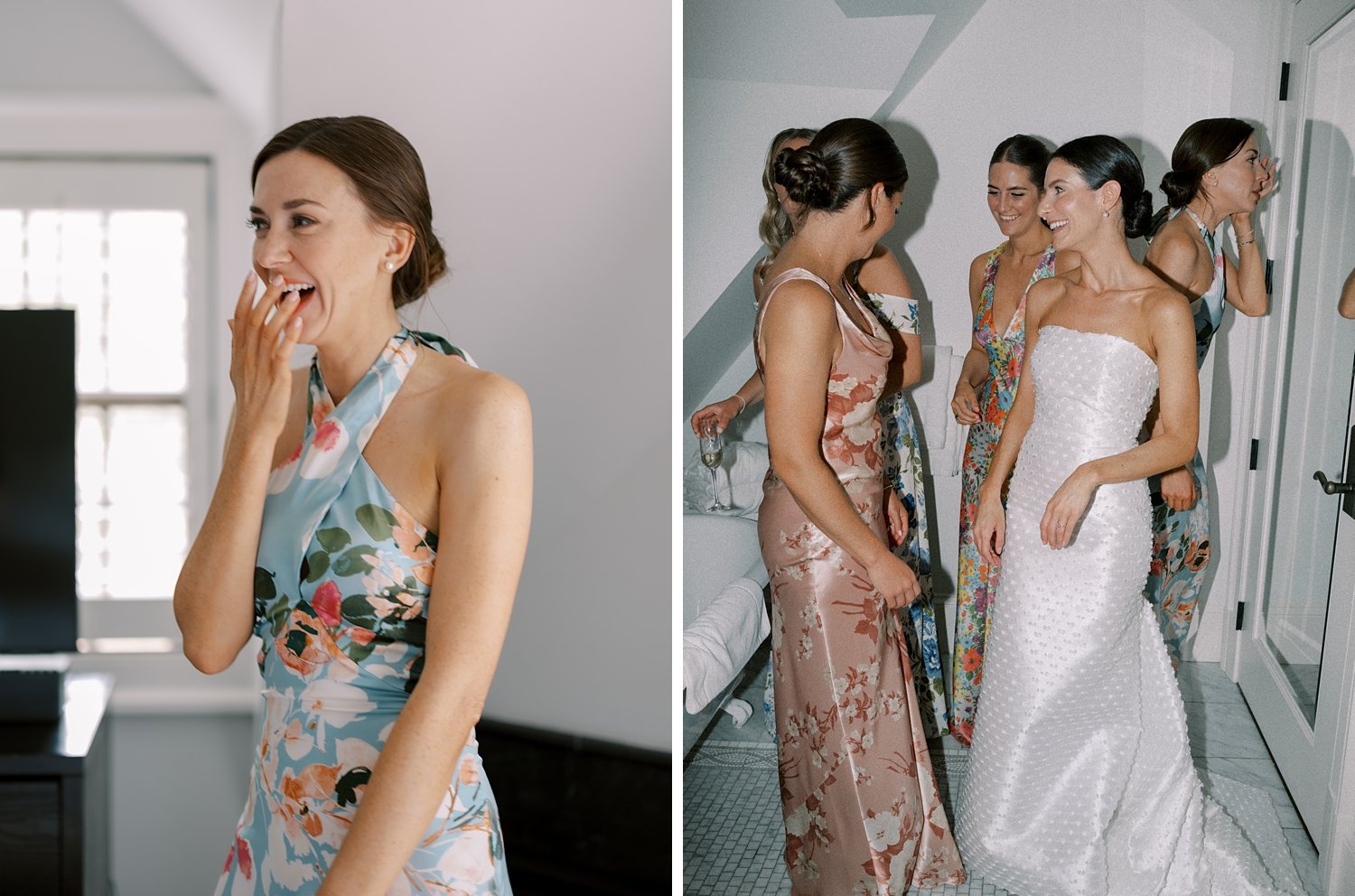 bridesmaid in blue floral gown laughs during prep at The Country Club of New Canaan