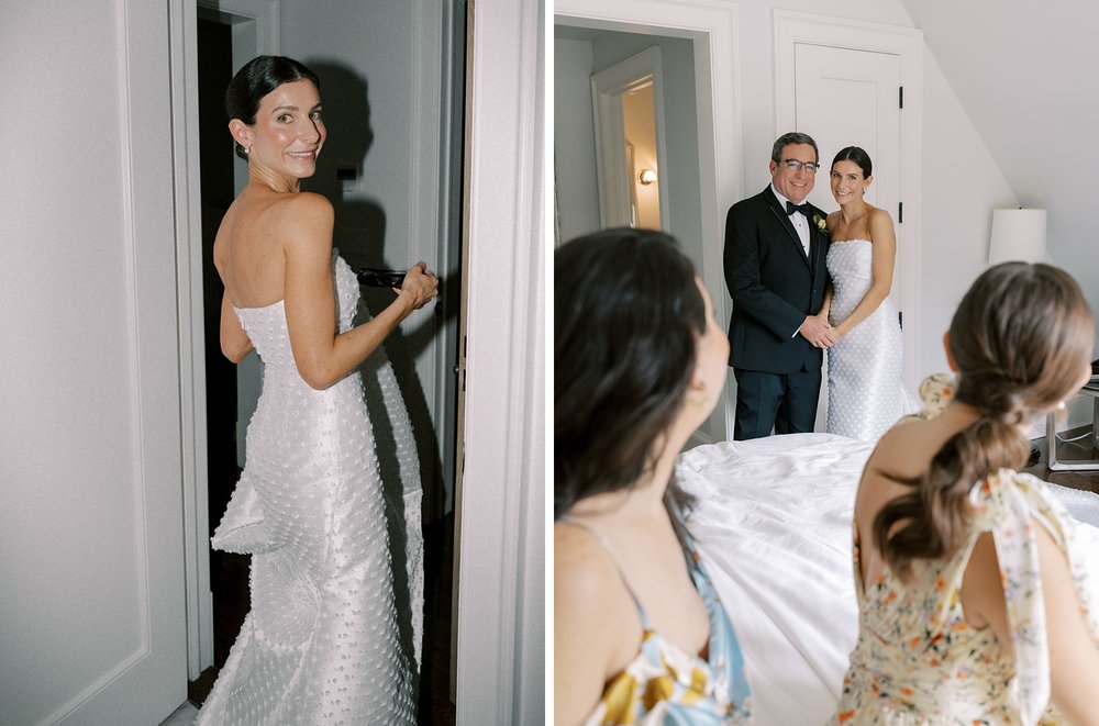 bride poses in doorway of The Country Club of New Canaan with flash photography 