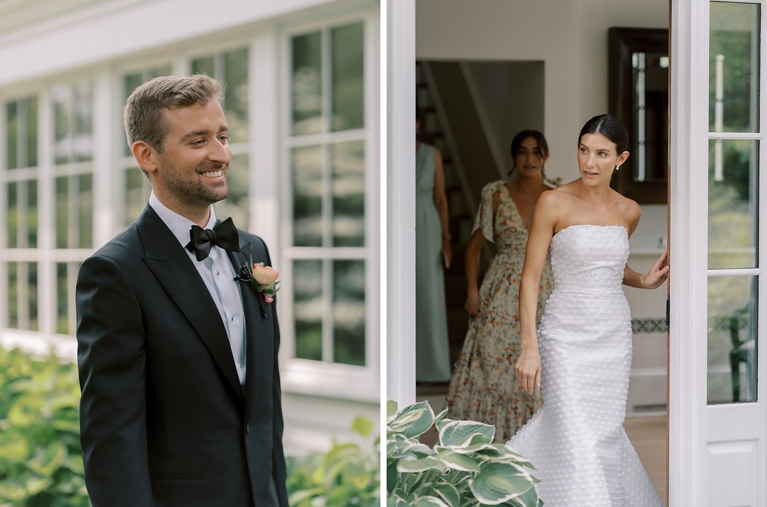 groom grins at bride coming out of doorway at The Country Club of New Canaan