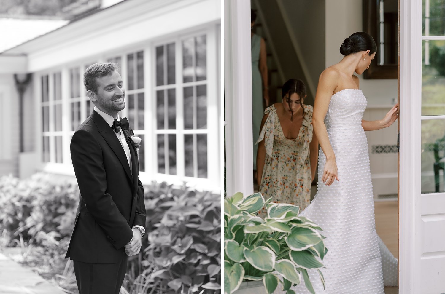 groom grins at bride as she walks out of doorway for first look