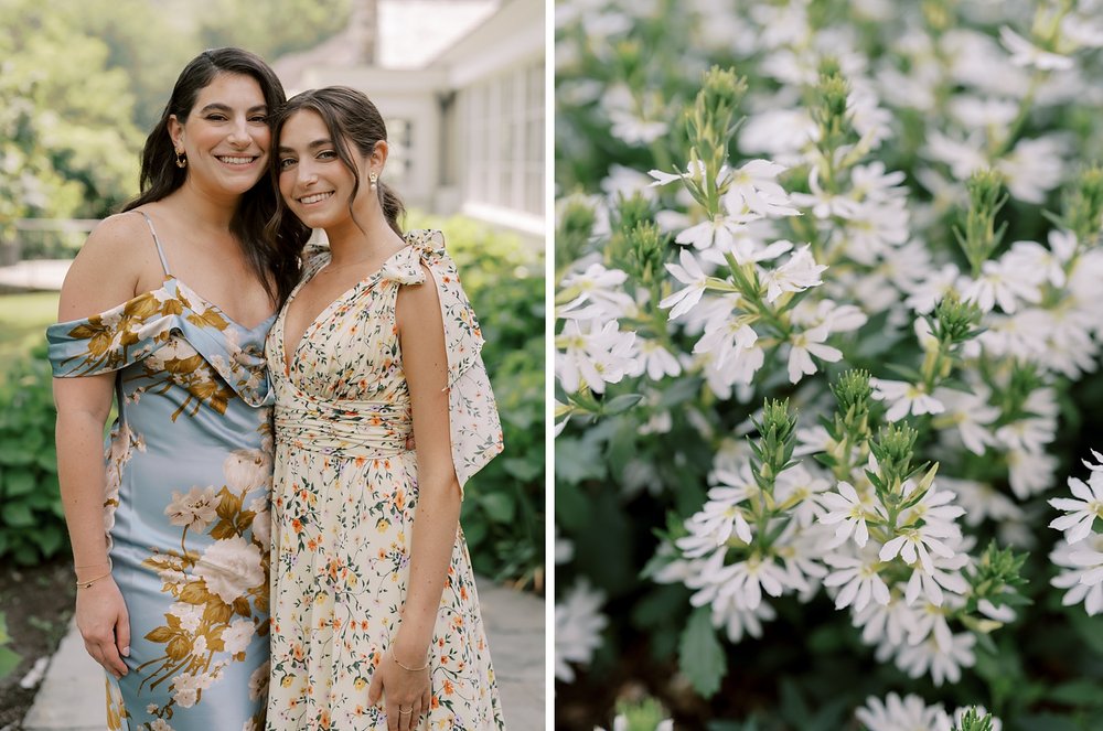 bridesmaids hug in garden of The Country Club of New Canaan