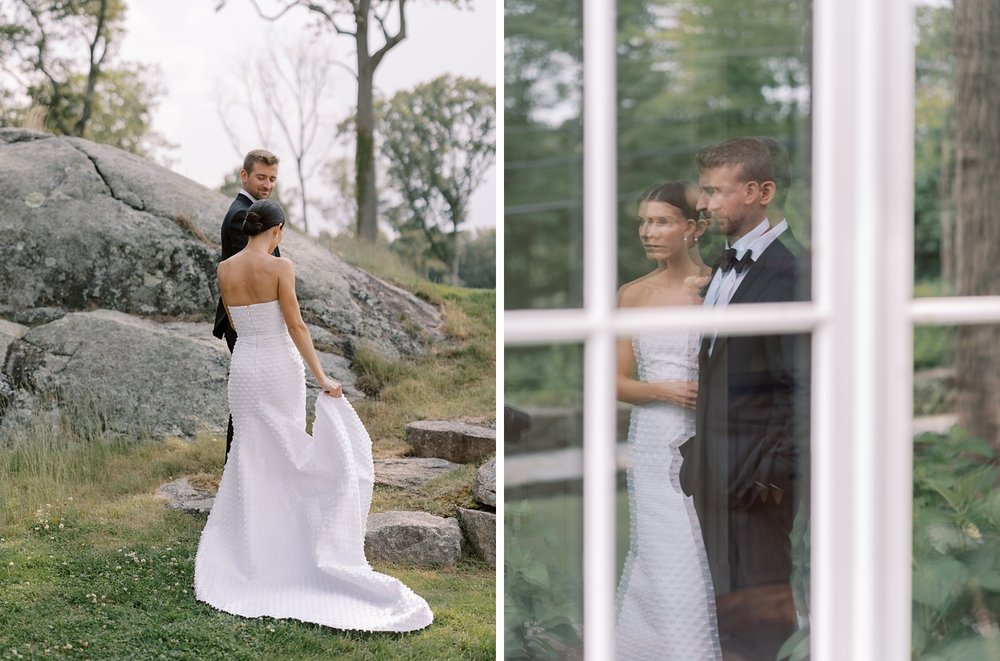 newlyweds walk around lawn and pose in front of window at The Country Club of New Canaan