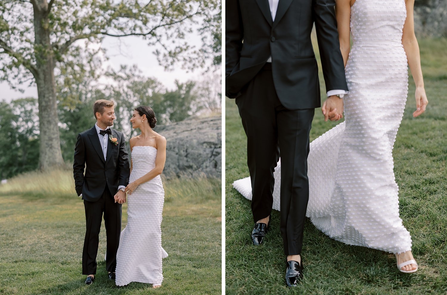 newlyweds hold hands on the lawn at The Country Club of New Canaan