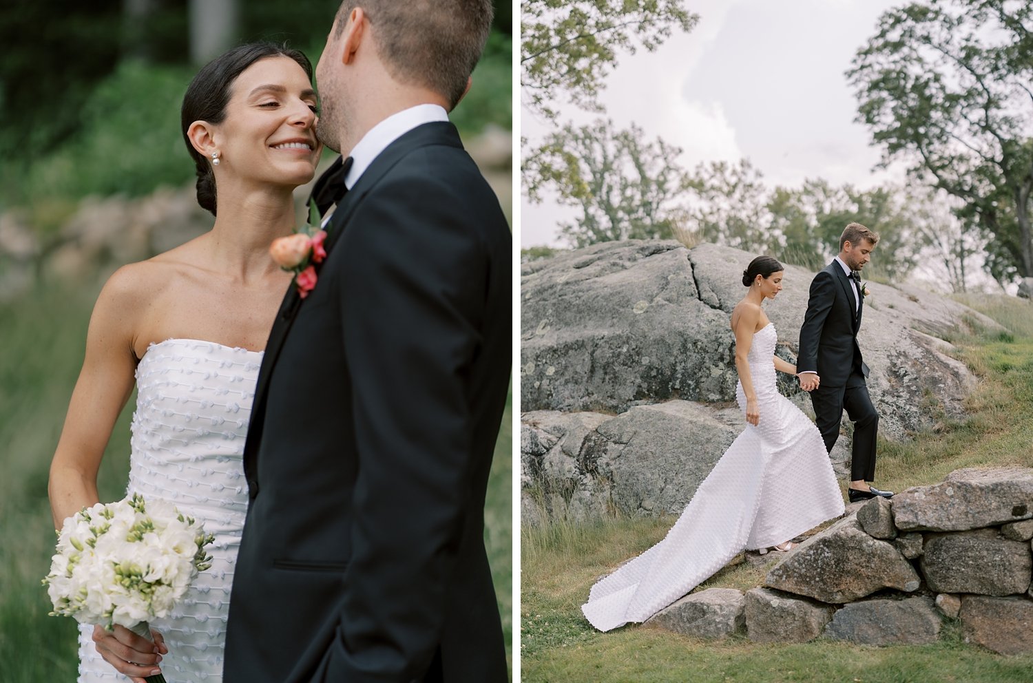 bride smiles up at groom hugging him during CT wedding portraits 