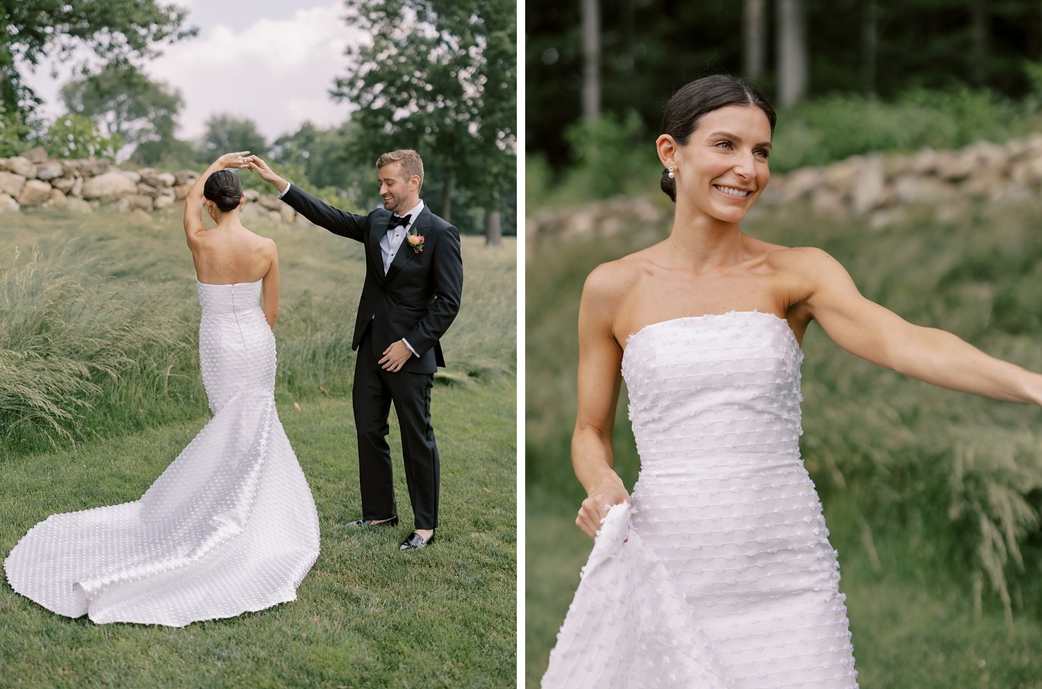 groom twirls bride on lawn at The Country Club of New Canaan