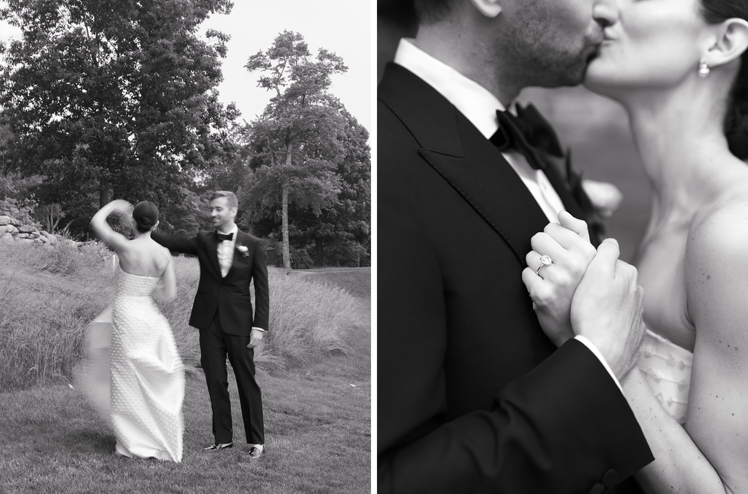 bride holds groom's lapel on suit jacket showing off ring