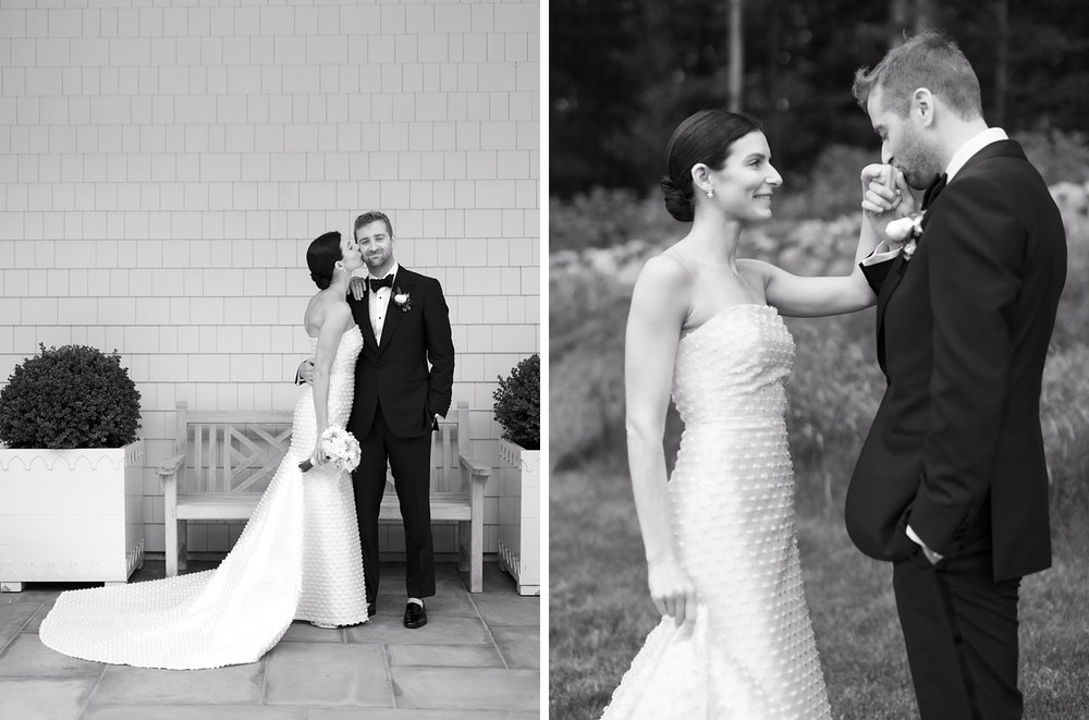 groom kisses bride's hand during portraits near The Country Club of New Canaan