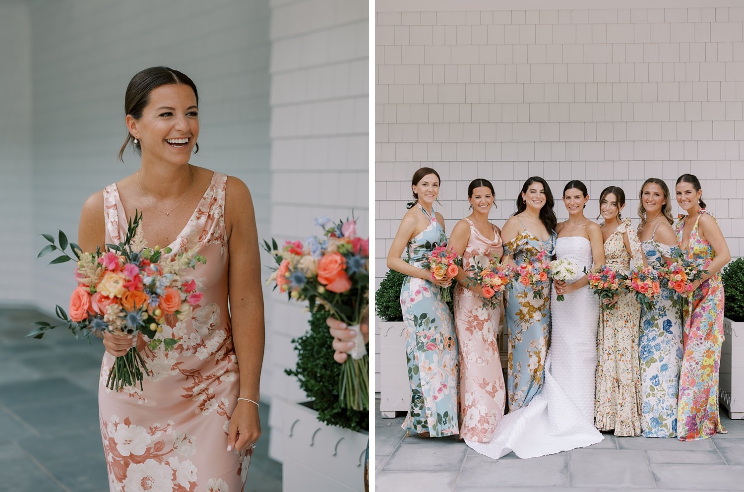 bride poses with bridesmaids in floral gown holding bright summer bouquet 
