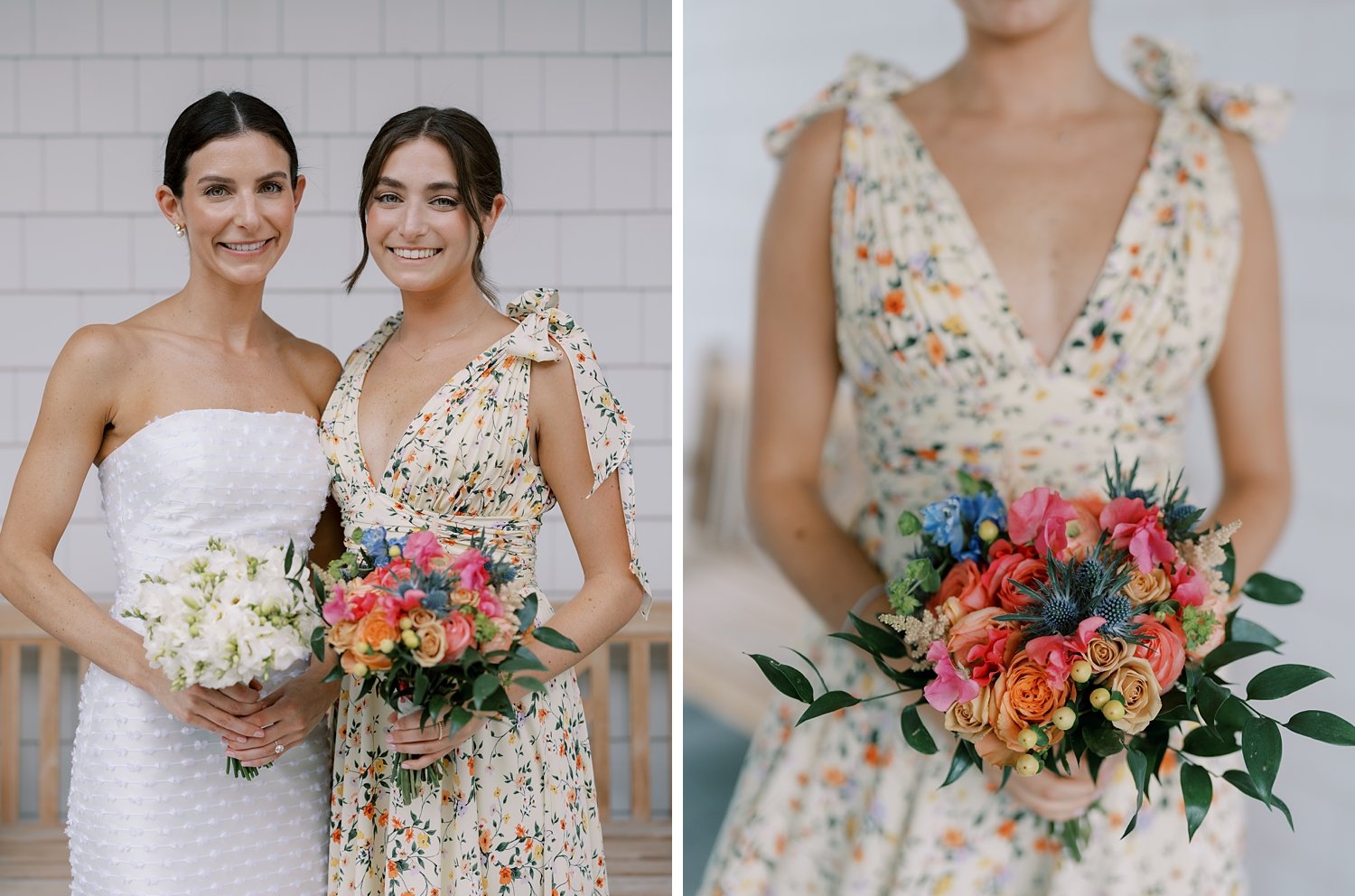 bride poses with bridesmaid in ivory flower gown outside The Country Club of New Canaan