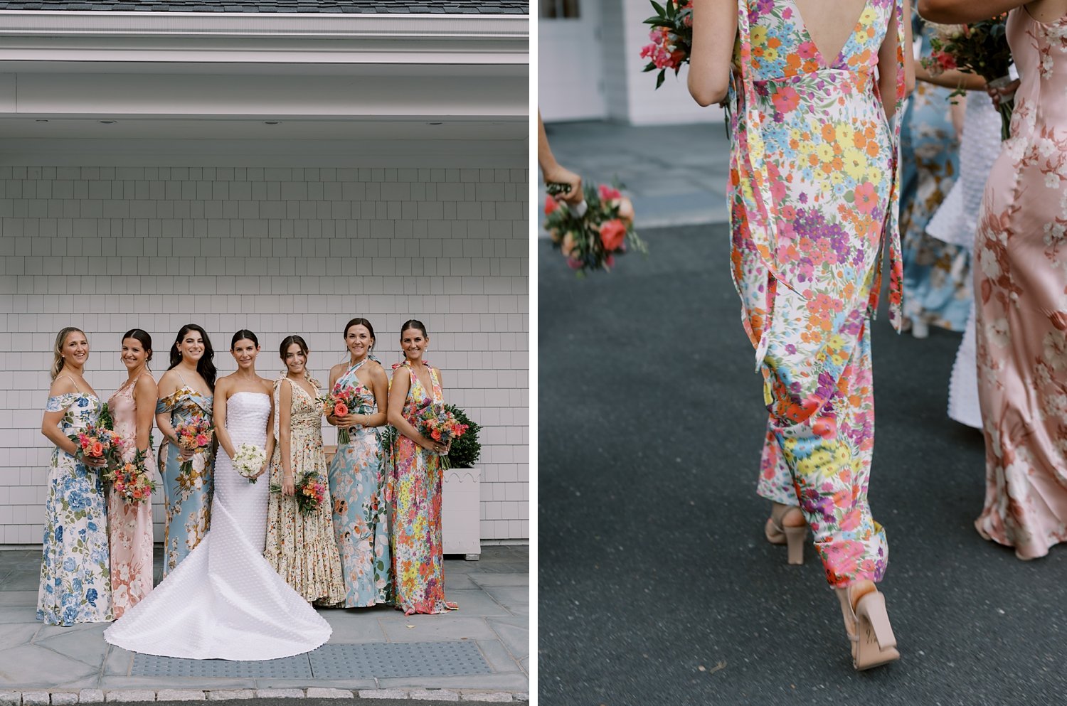 bride poses with six bridesmaids in mismatched flower gowns outside The Country Club of New Canaan